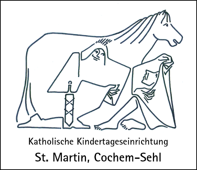 Logo der KiTa auf dem eine Zeichnung von St. Martin, Bettler und Pferd zu sehen ist