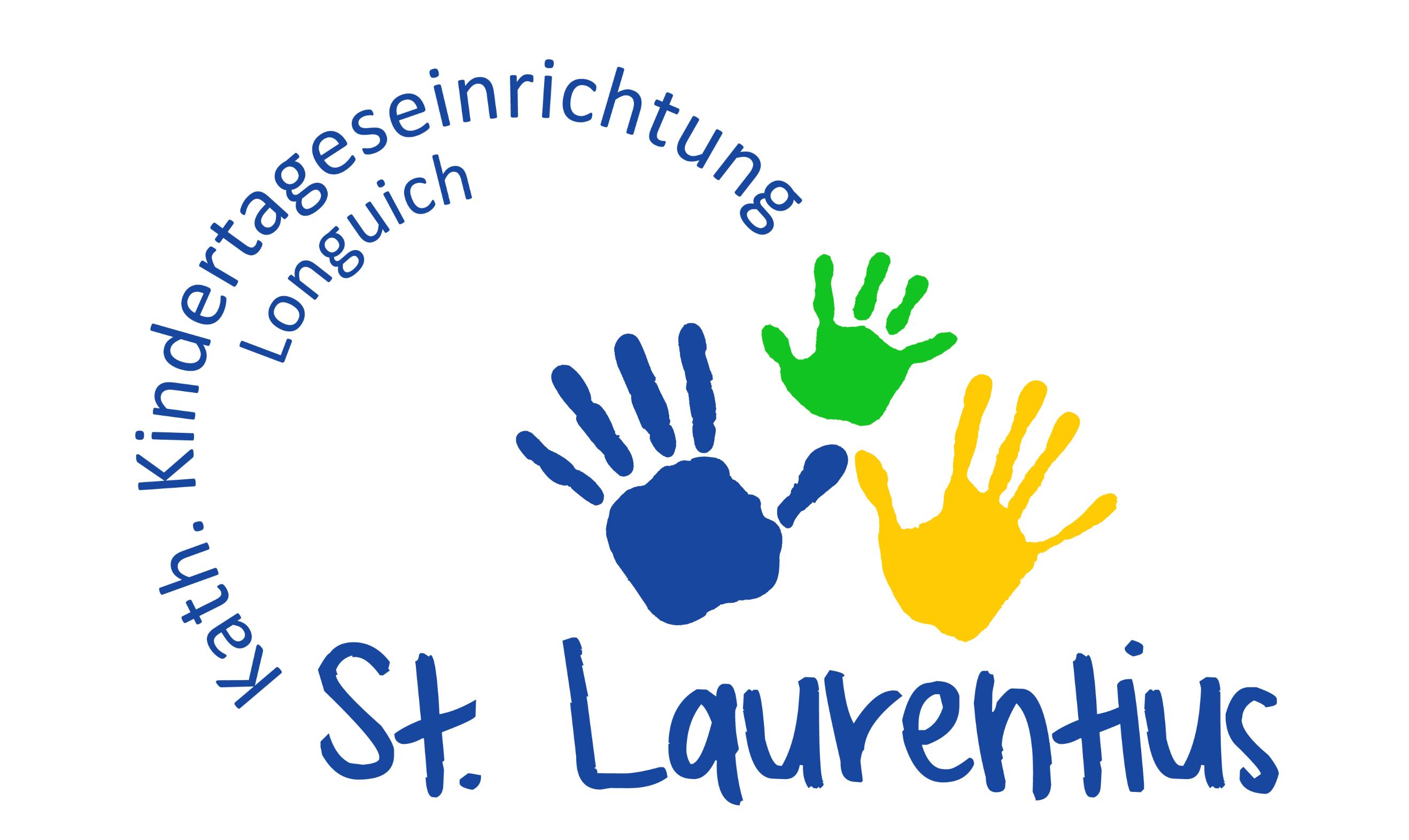 Logo der KiTa. Man sieht 3 Handabdrücke in blau, gelb und grün