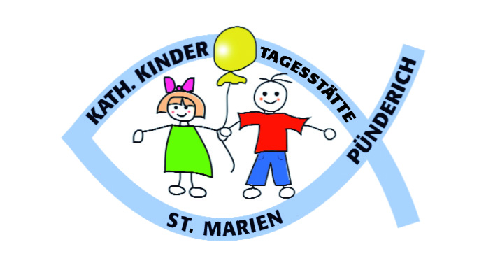 Logo der Kita mit Fisch und 2 gezeichneten Kindern mit Luftballon